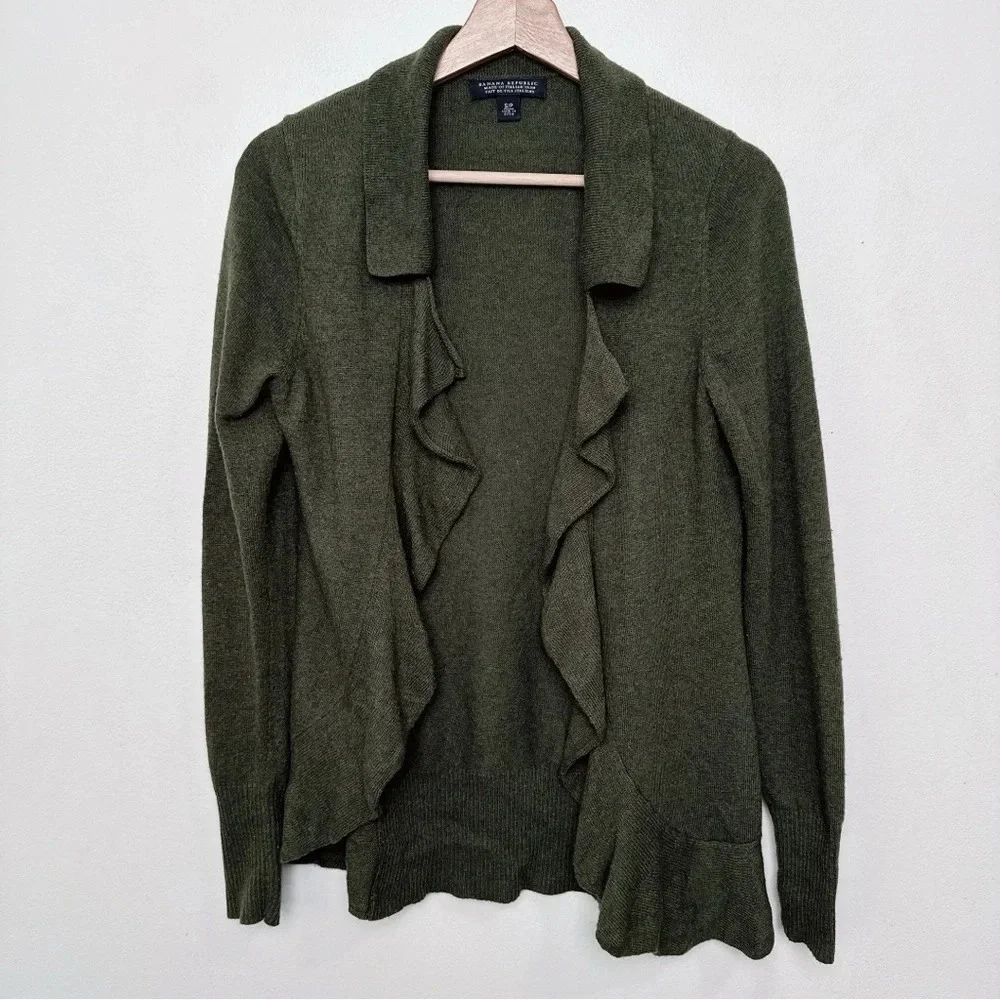 Banana Republic Womens Small Wool Cashmere Ruffle Dark Olive Cardigan